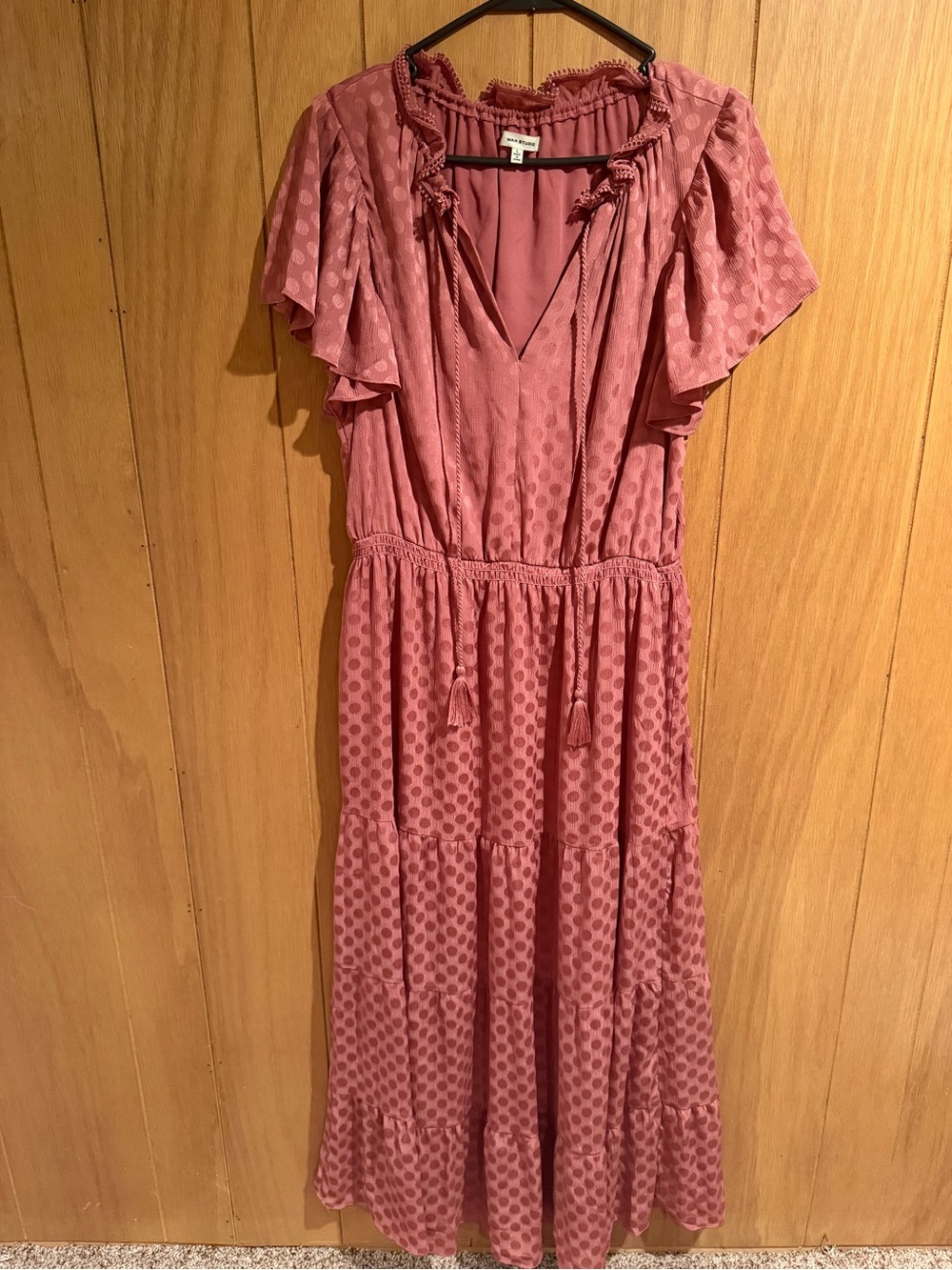 Max Studio Rose Mauve Tiered Midi Dress with Tassel Tie